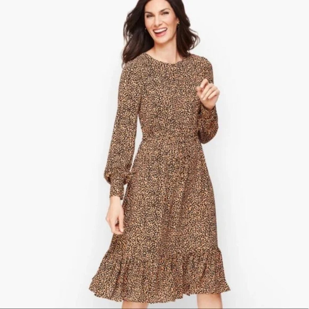 Talbots Animal Print Soft Leopard Fit & Flare Midi Dress Size 16 W Petite Work